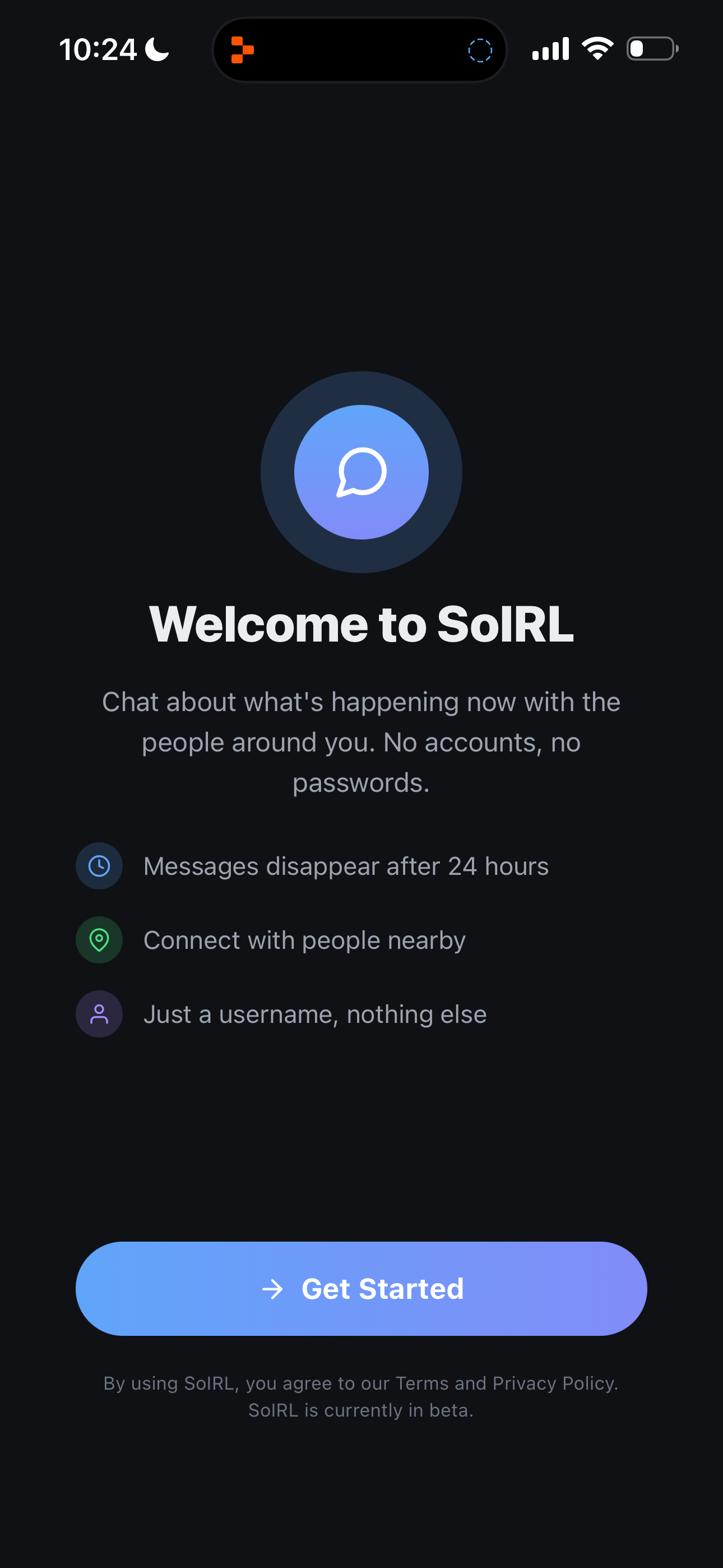 SoIRL welcome screen showing app features