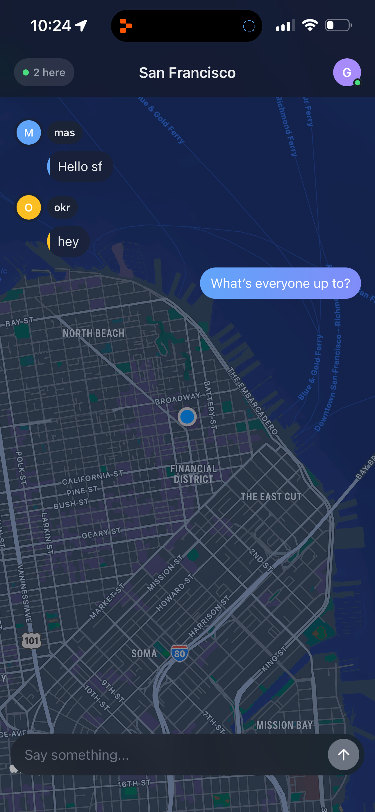 SoIRL main chat view showing San Francisco zone with live messages over a dark map